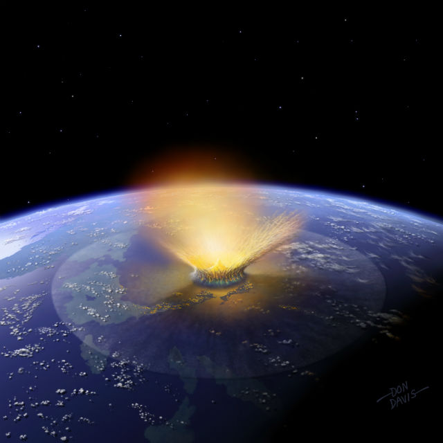 Столкновение с астероидом диаметром от 140 метров приведёт к большим разрушениям в районе падения. Встреча с более крупными объектами может привести к глобальной катастрофе (иллюстрация Don Davis).