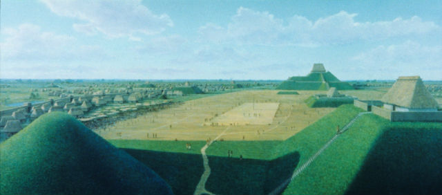 Кахокия был крупнейшим индейским городом на территории Северной Америки (иллюстрация Lloyd K. Townsend / Cahokia Mounds State Historic Site, Illinois).