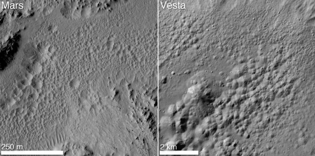 Выходы водяного пара оставляют на поверхности Весты множество глубоких ям, похожих на те, что встречаются на Марсе (иллюстрация NASA/JPL-Caltech/UCLA/MPS/DLR/IDA/JHUAPL).