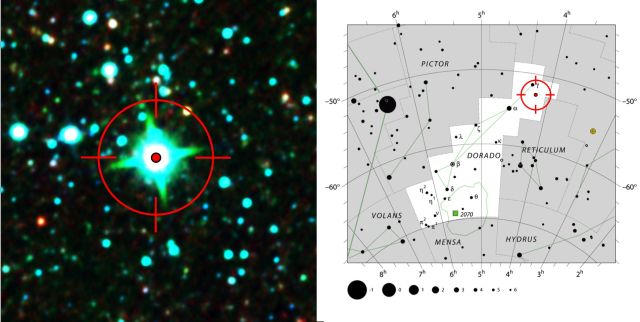 Фотография звезды Глизе 163, сделанная в рамках миссии WISE (слева). Карта, показывающая положение красного карлика в созвездии Золотой Рыбы (справа) (иллюстрации NASA/IPAC IRSA, IAU, Sky & Telescope).