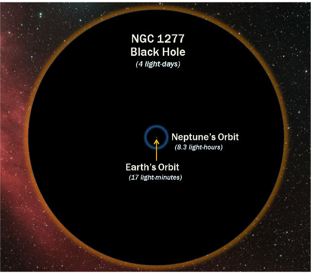 Сравнение чёрной дыры в центре NGC 1277 с орбитой Земли (точка в центре) и Нептуна (синяя окружность) (иллюстрация D. Benningfield/K. Gebhardt/StarDate).