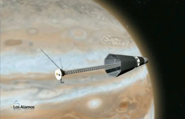 Художественное изображение космического корабля с новым двигателем (иллюстрация Los Alamos National Laboratory).