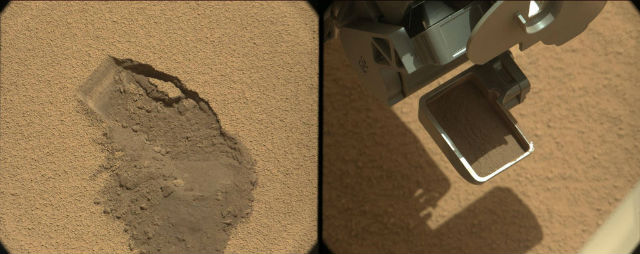 Скребок марсохода Curiosity с первой пробой марсианского грунта (фото NASA/JPL-Caltech/MSSS).