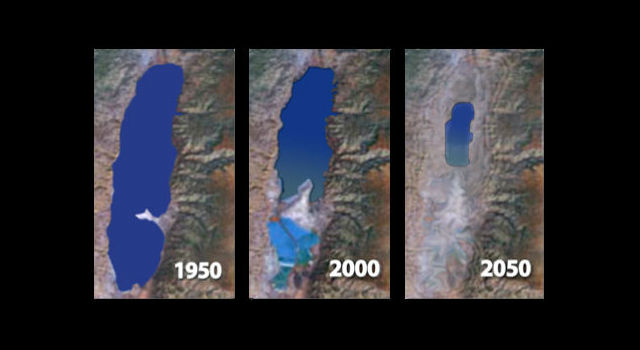 Не так давно исследователи обнаружили подземные источники, которые питают Мёртвое море. Однако бессточное солёное озеро может спасти лишь строительство канала. На картинке показано прошлое и возможное будущее водоёма (иллюстрация с сайта meddead.org).