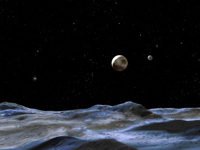 Художественное изображение системы Плутона с поверхности одного из его малых спутников (иллюстрация NASA).