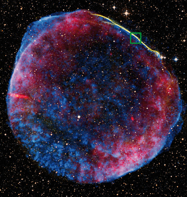 Изображение остатков сверхновой IC 443, полученное с помощью телескопа Ферми. Пурпурным цветом отображается γ-излучение (иллюстрация NASA/DOE/Fermi LAT Collaboration, NOAO/AURA/NSF, JPL-Caltech/UCLA).