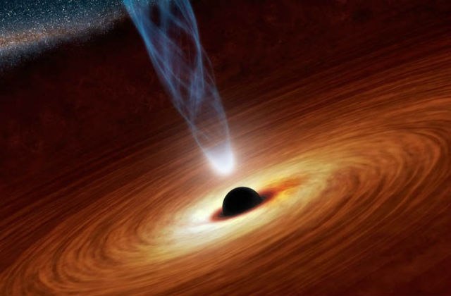 Художественное изображение сверхмассивной чёрной дыры с аккреционным диском и плазменными джетами (иллюстрация NASA/JPL-CalTech).