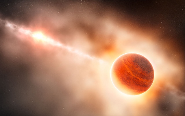 Протопланета, по размерам сопоставимая с Юпитером, формируется за счёт окружающих материнскую звёзду газа и пыли (иллюстрация ESO/L. Calçada).