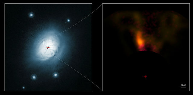 Изображение газопылевого диска вокруг звезды HD 100546, собранной из данных, полученных телескопами "Хаббл" и VLT. Положение звезды обозначено красным крестом. Справа: инфракрасный снимок, показывающий вероятную протопланету (иллюстрация ESO/NASA/ESA/Ardila et al.).