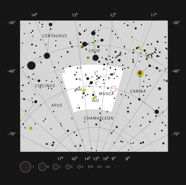 Положение звезды HD 100546 в созвездии Мухи (иллюстрация ESO, IAU and Sky & Telescope).