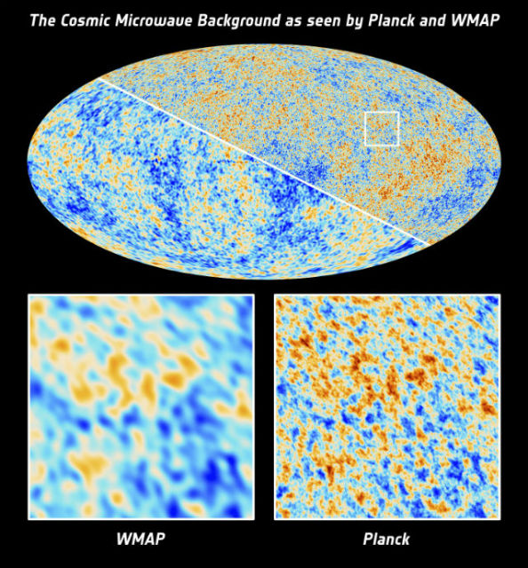 Сравнение космического микроволнового излучения, "увиденного" обсерваторией Planck и космическим аппаратом WMAP (иллюстрация ESA, Plank Collaboration, NASA/WMAP Science Team).