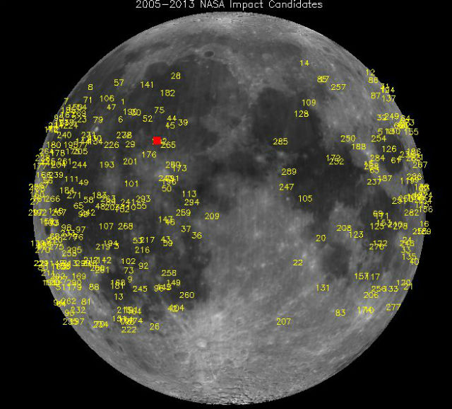 Точки падения небесных тел за восьмилетний период наблюдения (2005-2013). Красным обозначено место столкновения метеорита с лунной поверхностью 17 мая 2013 года (фото NASA). 