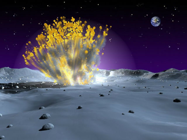 Взрыв от столкновения метеорита с поверхностью Луны в представлении художника (иллюстрация NASA). 