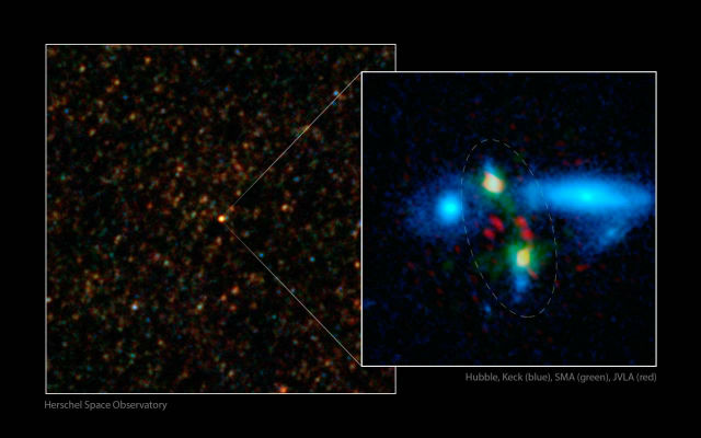 Снимок сверхмассивной галактики HXMM01, сделанный космическим телескопом "Гершель" (слева), обсерваторией Кека и телескопом "Хаббл" (справа) (фото ESA/NASA/JPL-Caltech/UC Irvine/STScI/Keck/NRAO/SAO). 