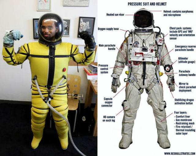 Жёлтый прототип костюма Железного человека, разработкой которого сейчас занимаются ведущие инженеры США (слева) и скафандр Феликса Баумгартнера, в котором он совершил прыжок из стратосферы (справа) (фото и иллюстрация Blaze Sanders/Solar System Express/Red Bull Stratos). 