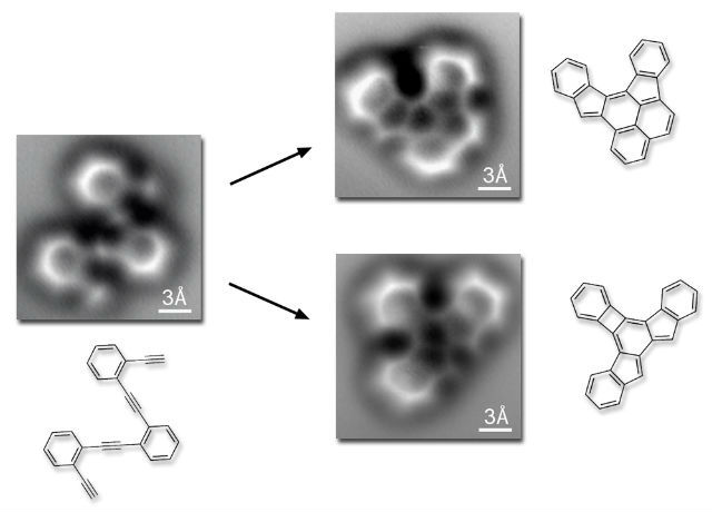 Углеродосодержащая молекула реорганизовалась в две других вследствие реакции (иллюстрация, фото Lawrence Berkeley National Laboratory, University of California at Berkeley). 