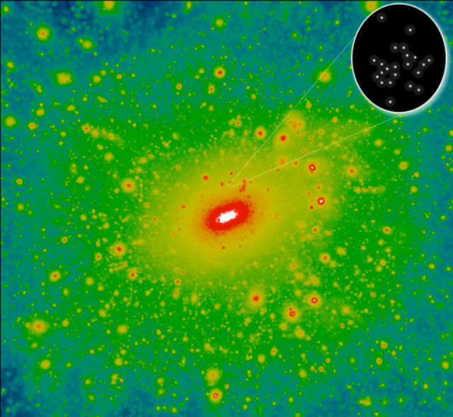 На иллюстрации показано предположительное распространение тёмной материи в области, удалённой на один миллион световых лет от Млечного Пути. Увеличенная область — карликовая галактика Segue 2 (иллюстрация Garrison-Kimmel, Bullock/UCI). 