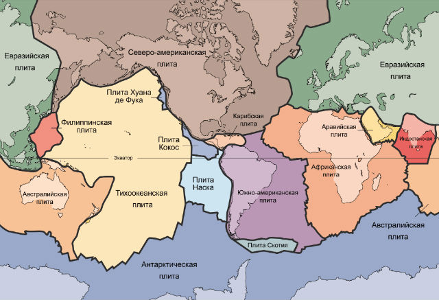 Карта тектонических плит Земли (иллюстрация Boleslav1/Wikimedia Commons). 