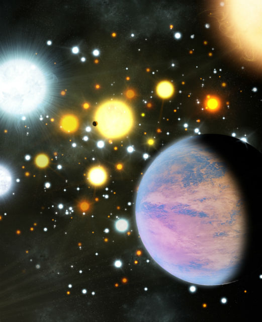 Планеты в звёздном скоплении в представлении художника (иллюстрация Michael Bachofner). 