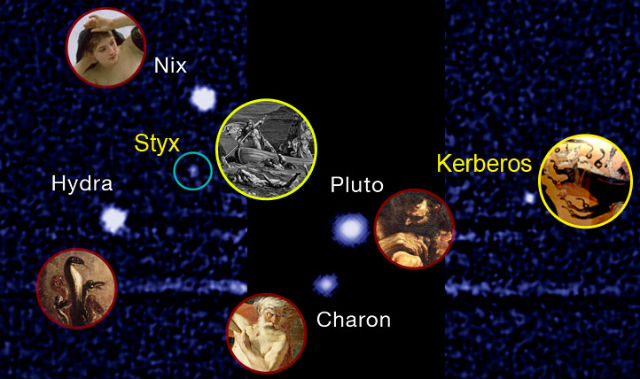 Снимок Плутона и его спутников (Никта, Гидра, Харон, Кербер и Стикс), сделанный телескопом "Хаббл" (фото, иллюстрация SETI). 