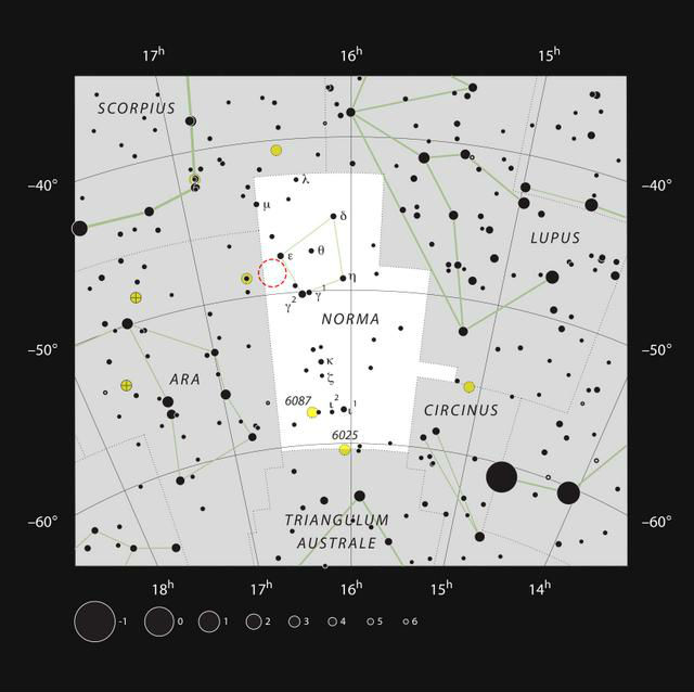 Протозвёздное облако было обнаружено в созвездии Наугольника на расстоянии 10 тысячах световых лет от Земли (иллюстрация ESO, IAU and Sky & Telescope). 