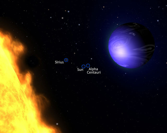 HD 189733b обращается очень близко вокруг красного карлика HD 189733, расположенного в созвездии Лисички. "Год" на этой экзопланете длится всего 2,2 земных суток. На картинке показан примерный вид этой системы. Наличие других планет у светила пока не подтверждено (иллюстрация NASA, ESA, and G. Bacon (AURA/STScI)).