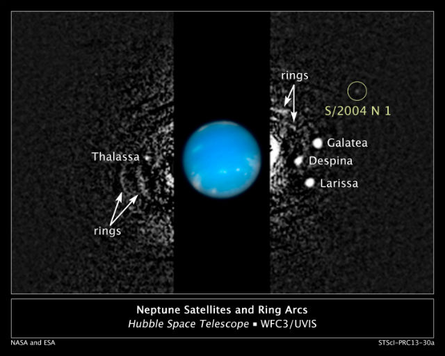 This combined image shows the position of Neptune and its satellites (illustration NASA, ESA, M. Showalter / SETI Institute). 