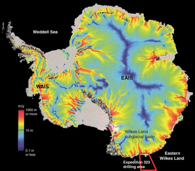 Восточно-Антарктический ледовый щит, возможно, куда более чувствителен к глобальному потеплению, чем кажется (иллюстрация Integrated Ocean Drilling Program).