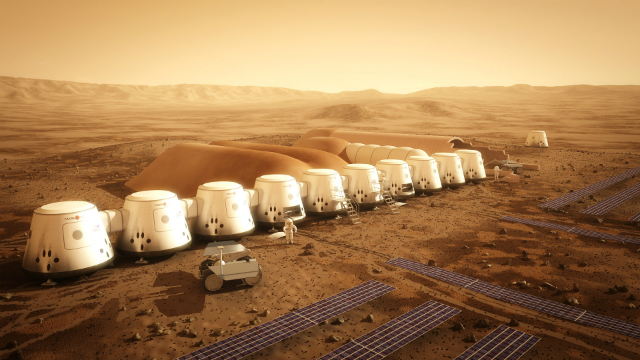 Высадка второго экипажа миссии Mars One в июне 2025 года по версии художника будет выглядеть именно так (иллюстрация Bryan Versteeg/Mars One).