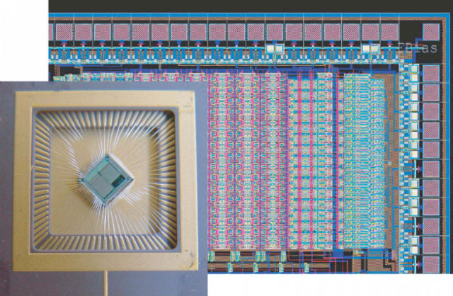 Мультинейронный чип, состоящий из массива аналогово-цифровых кремниевых нейронов и синапсов (фото ETH Zurich). 