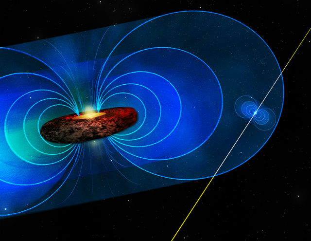 Магнитное поле чёрной дыры в представлении художника (иллюстрация Bill Saxton, NRAO/AUI/NSF). 