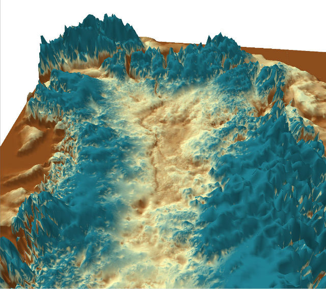 3D-модель гигантского каньона подо льдами Гренландии (иллюстрация J. Bamber, University Bristol). 