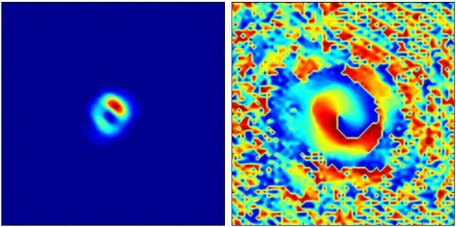 Когерентные лучи закрученного света имеют спиральную структуру. Они образовались из пучка электронов, разогнанных почти до скорости света, и переживших воздействие лазера. Слева – карта интенсивности, справа – карта фазовой структуры (фото Hemsing et al.). 