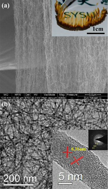 (А) Цилиндрическая структура в виде пласта бумаги диаметром около двух сантиметров. (В) Микрофотография решётки из нанопроводов (фото American Chemical Society). 