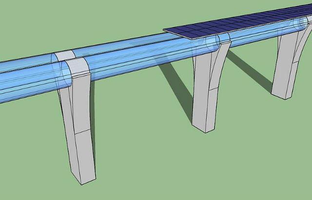 Эстакада с трубопроводом Hyperloop в представлении художника (иллюстрация Edit1306/Wikimedia Commons).