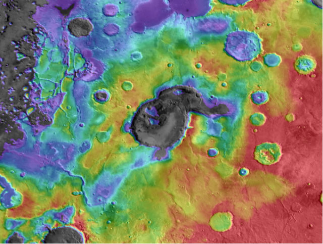 Марсианский кратер Eden patera может оказаться потухшим вулканом (фото NASA/JPL/GSFC). 