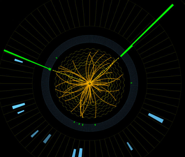 Бозон Хиггса сразу после появления распался на два фотона (их пути показаны на графике зелёными лучами). Вид в плоскости сечения детектора CMS (иллюстрация CERN).