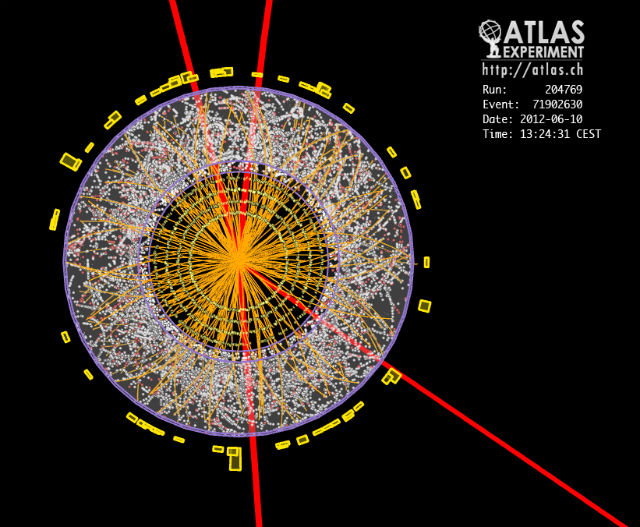 Детектор ATLAS зафиксировал появление четырёх мюонов при распаде коротко живущего бозона Хиггса (иллюстрация CERN).