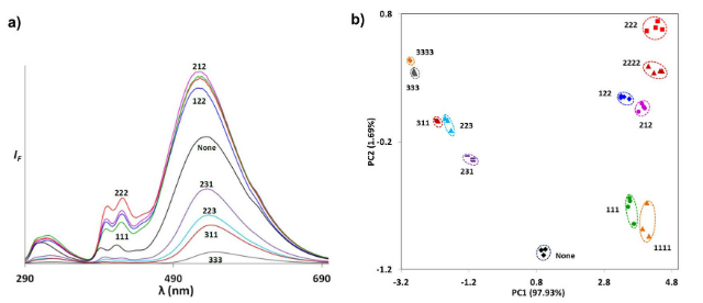 (a) – различные пароли генерируют разные графики флуоресценции; (b) – положение различных "паролей" на графике показывает, что они легко различимы (иллюстрация Rout et al., 2013 American Chemical Society). 