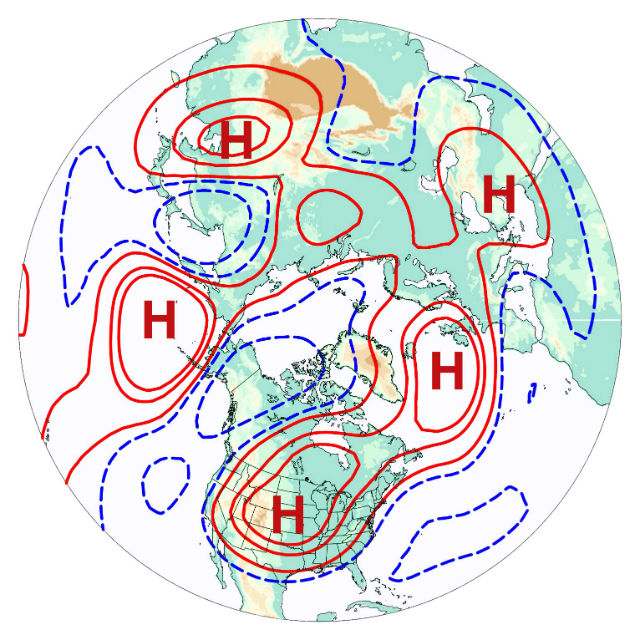 Карта циркуляции атмосферного воздуха показывает зоны низкого и высокого давления. Учёные назвали это системой "волнового числа 5" — по количеству таких зон (иллюстрация Haiyan Teng). 