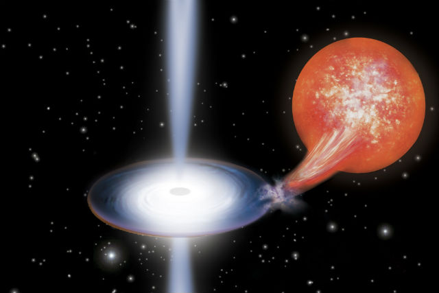 Наблюдения в ходе второго этапа исследования показали, что радиоизлучение исходит именно от потока материи, испускаемого чёрной дырой, а не следами аккреционного диска (иллюстрация Riccardo Lanfranchi). 