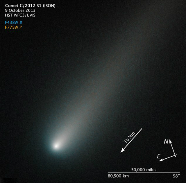 Изображение, снятое астрономами из Мэриленда, показывает, что хвост кометы направлен от Солнца (фото NASA). 