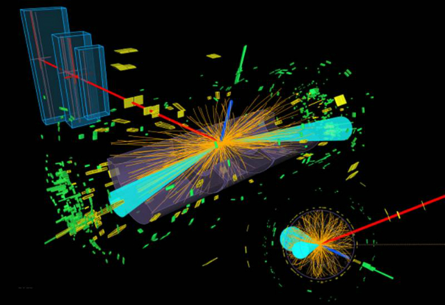 Графическое изображение: в детекторе ATLAS бозон Хиггса распадается на две тау-частицы, которые, в свою очередь, распадаются на электрон (синяя линия) и мюон (красная линия) (иллюстрация ATLAS). 