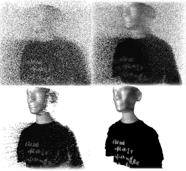 Многоэтапный процесс восстановления чёткого изображения и удаления фонового шума (иллюстрация Kirmani et al./Science). 
