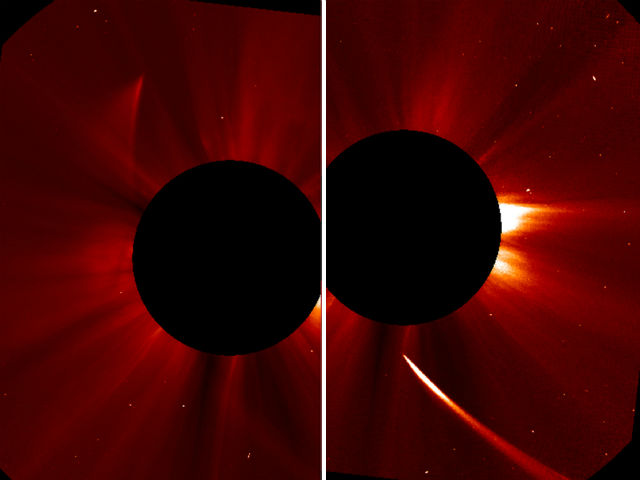 Космический аппарат SOHO зафиксировал небольшую вспышку на противоположном полушарии Солнца как раз в той точке, где должна находиться комета, если её не разорвало в клочья (фото ESA/NASA/SOHO/Jhelioviewer). 