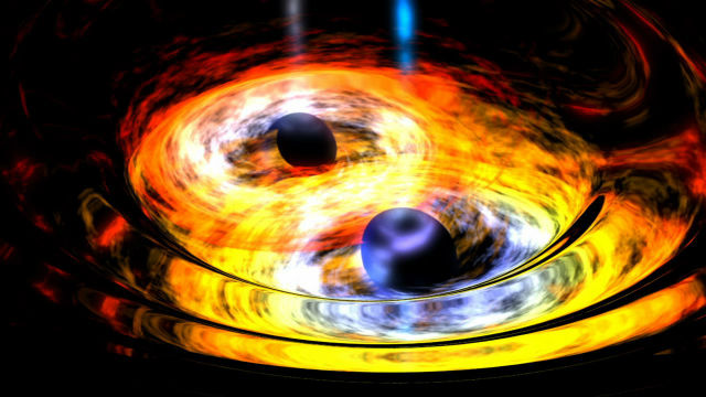 Бинарная система чёрных дыр WISE J233237.05-505643.5 в представлении художника (иллюстрация NASA). 