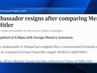 Посол Мальты в Финляндии, сравнивший Меркель с Гитлером, ушел в отставку